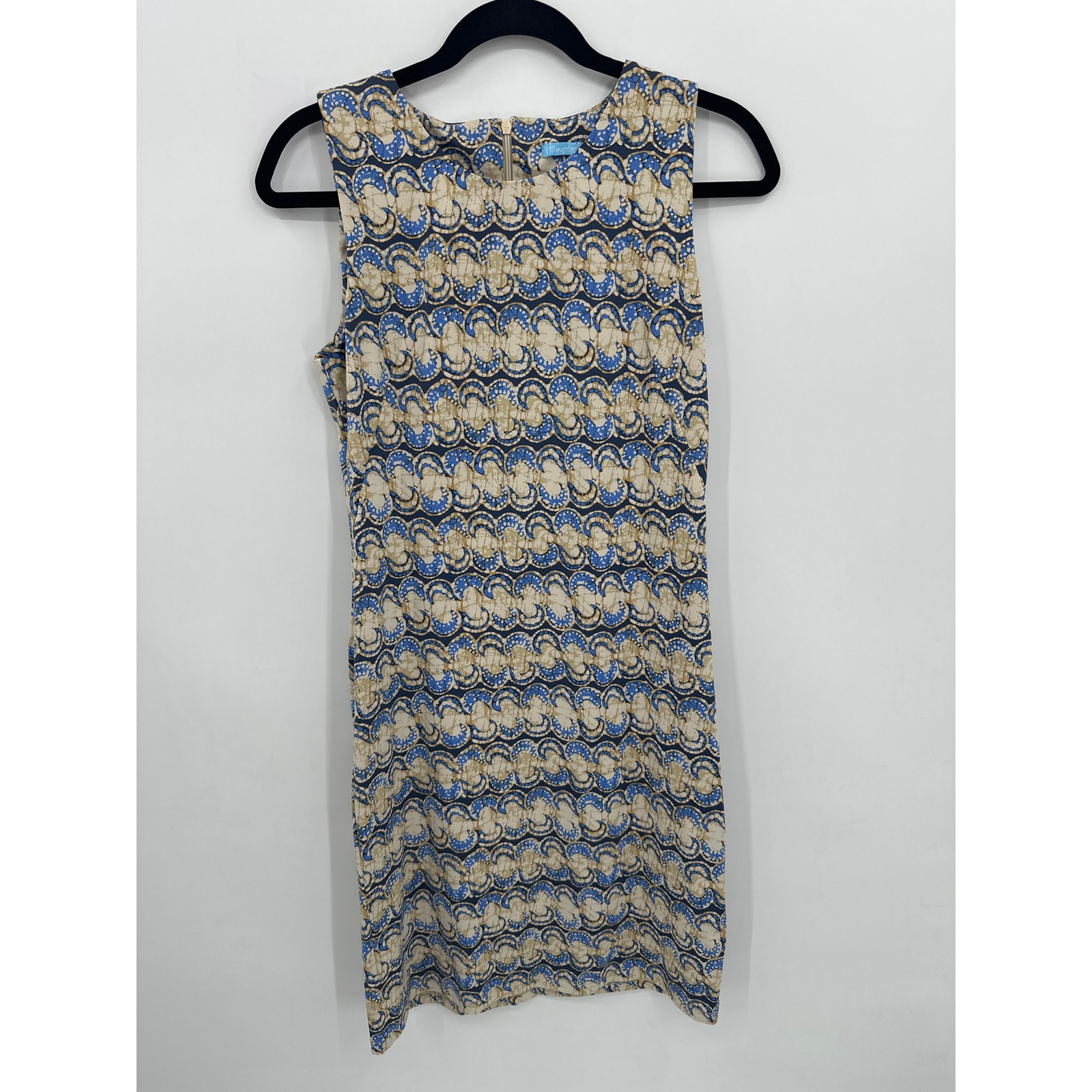 J. Mclaughlin Sleeveless Resort Wear Shift Dress In Blue/Tan Print Size Small